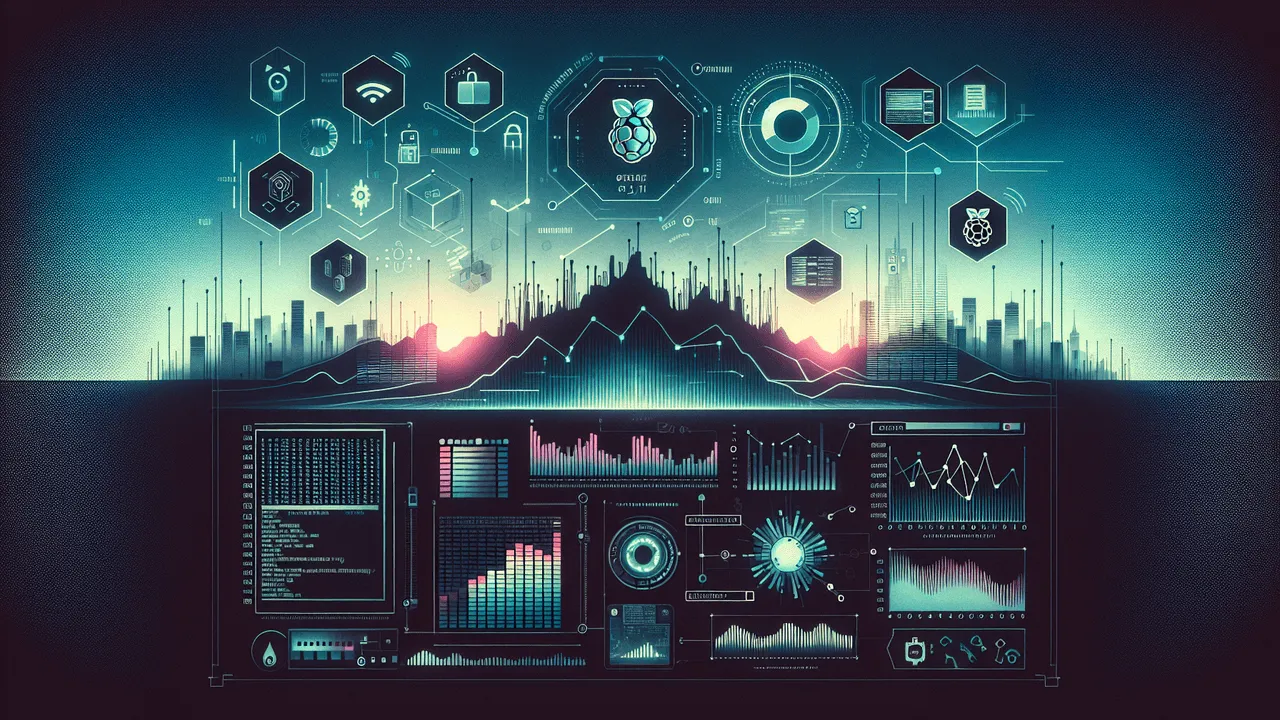 Create a futuristic and technology-infused image that represents a digital workspace or a lab environment. The background is minimalist, with a gradient from deep blue at the top to black at the bottom, signifying depth and focus. Faint binary code or matrix-style text cascades downwards, underscoring the tech-driven nature of the landscape. The foreground consists of two primary elements. The first - an abstract representation of a classic terminal window with color-coded text and unique symbols symbolizing a customized 'whereis' Project. A diagram of digital icons showcases organization. The second - a Raspberry Pi enveloped by digital music notes and waveforms to signify a Hand Held Music Box. A faint outline of a remote control signal implies remote management capabilities. Incorporate logos of Linux and Git, along with sleek, high-tech interfaces like holographic displays and digital touchpads. Hexagonal shapes softly dispersed in the background add a modern touch. Use cool tones and gradients throughout, with a mild glow effect around the main elements. Add subtle illustrations of network nodes or interconnecting lines to represent collaboration and community. Insert a digital clock or calendar to highlight the ongoing nature of the workspace.