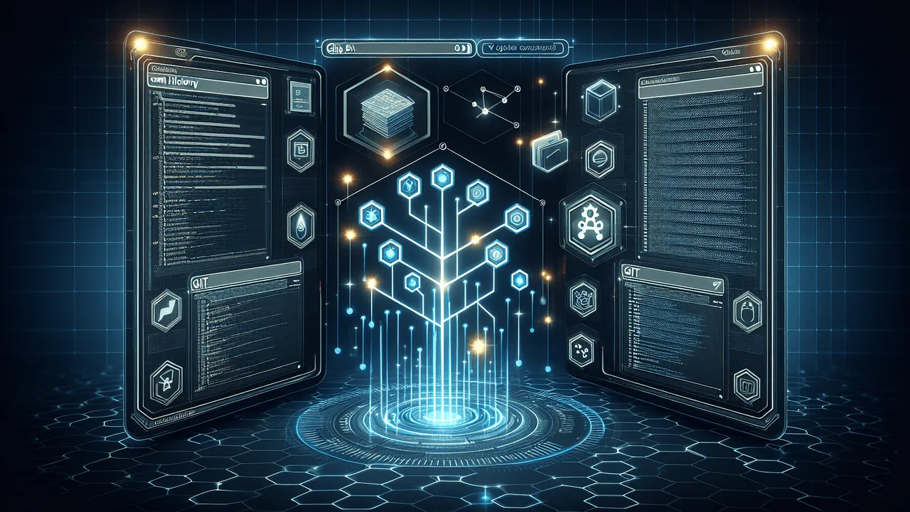 Create an image visualizing Tech Fusion Futurism concept for a blog. The setting is a sleek, dark digital space gradient transitioning from deep blue to black. The centerpiece is a large holographic representation of a Git commit history tree with nodes and connecting lines. Surrounding the tree are semi-transparent cards demonstrating a Git project's main parts (working folder, staging area, and repository), and small pulsating data points symbolizing git objects. On the left, there is a prominently placed Git logo and to the right, an Emacs logo blending into the aesthetic yet maintaining its significance. Nearby is a stylized folder icon representing Speedbar. All elements emit soft futuristic glows against the dark background, hexagonal grid patterns subtly included with thin, glowing energy lines racing across, connecting Git and Emacs together. This design reflects the essence of Git's structure and Emacs' file organization to resonate with the advanced open-source community in a sleek, modern and tech-focused aesthetic.