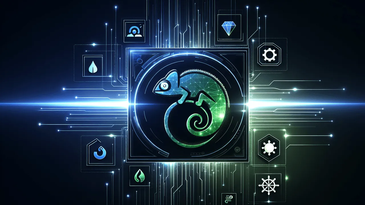 Create a futuristic and technological themed image with a sleek, dark background incorporating shades of deep blue and black. Include a subtle glowing network grid effect to signify connectivity and technology integration. At the center, place a green chameleon logo (while avoiding explicit reference to identifiable trademarks), subtly glowing for a cutting-edge appearance. On the left, place a little blue cow icon with a futuristic shine. On the right, add a ship wheel logo also subtly illuminated. Incorporate semi-transparent elements representing containerized systems as abstract shapes or icons. Integrate subtle visual effects like circuit lines and data flow animations around the logos to symbolize data interchange and advanced technology integration. Add a faint, white light at the top of the image, creating a halo effect around the logos.