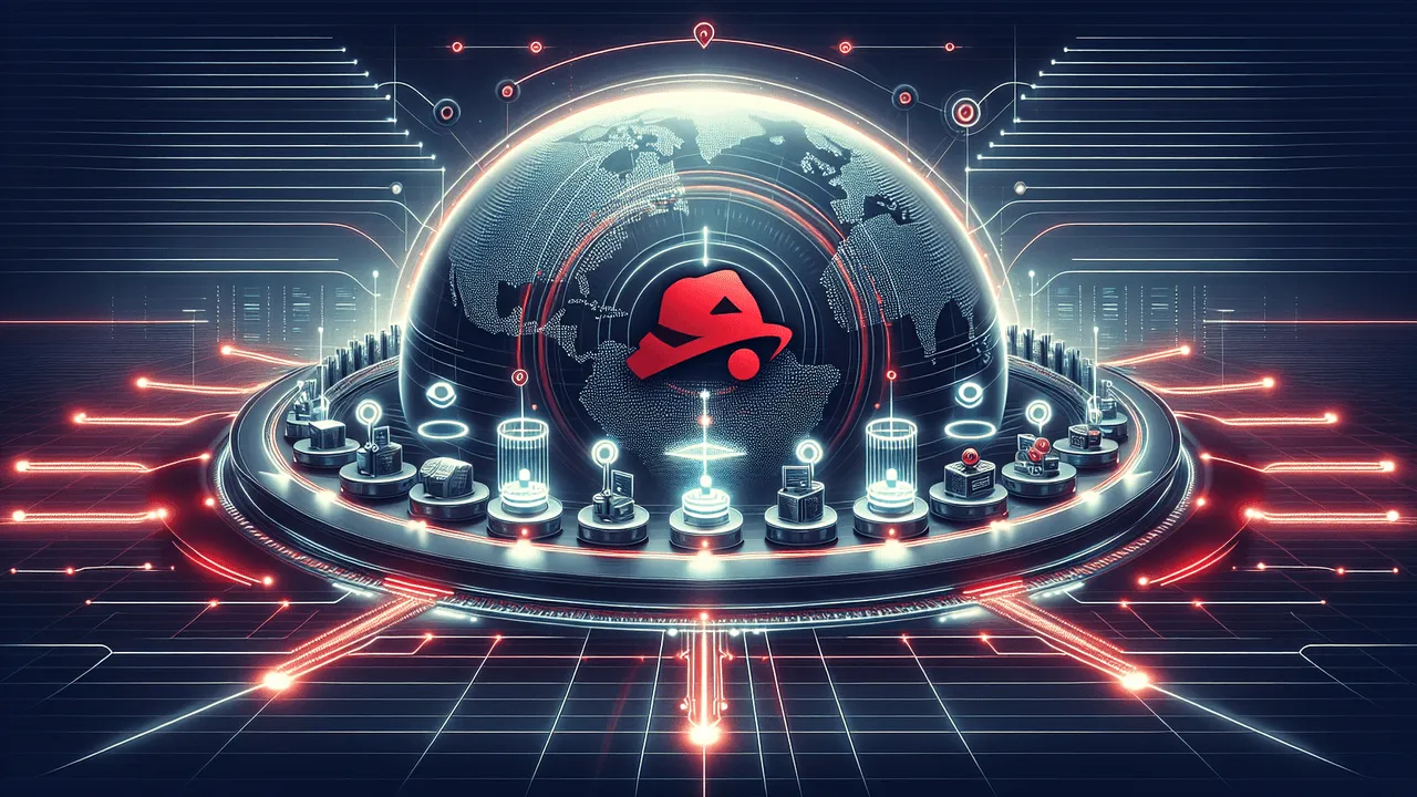 Create a futuristic, minimalist image representing seamless and automated installation. The prominent feature should be the Red Hat company's symbolic logo placed centrally overlaying a technologically interpreted Earth, symbolizing global scale automation. At the center, depict an assembly line with glowing effects exhibiting different steps of digital checkpoints – partitioning drives, installing packages, setting the time zone, represented by futuristic icons. At the bottom, subtly incorporate flowing lines of code into the background. Use a largely metallic color palette with main emphasis on shades of red, aligning with Red Hat's branding, alongside secondary accents of blue and metallic grey, and white glowing lines for highlights.