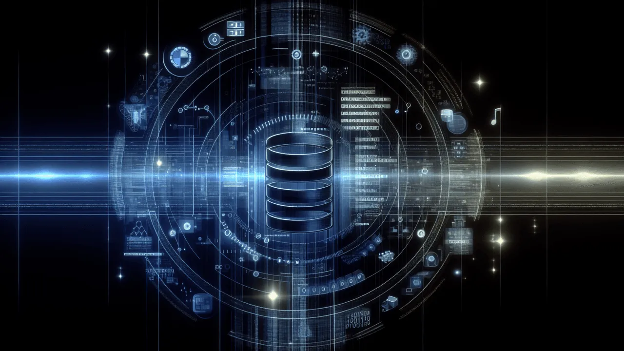 Visualize a sleek, modern image with a gradient background transitioning from deep navy blue at the top to black at the bottom, subtly resembling a digital data structure with faint vertical lines or a grid. The central focus is the prominent SQLite logo, enhanced with a slight 3D effect and soft shadows. The technological theme is emphasized through an overlay of futuristic, semi-transparent icons and symbols related to databases and technology, such as data flow charts, binary code, and circuit patterns. Gentle pulsating light effects around the SQLite logo create an atmospheric draw. The upper sphere features semi-transparent icons interspersed with subtle glows. The lower sphere has more subdued symbols against the dark gradient. Dominant colors should include shades of blue, trust, and technology blended with whites for contrast and clarity, with a hint of neon. Subtle smooth manic textures help accentuate the advanced technology theme, and soft backlighting behind the SQLite logo enhances the illusion of depth.