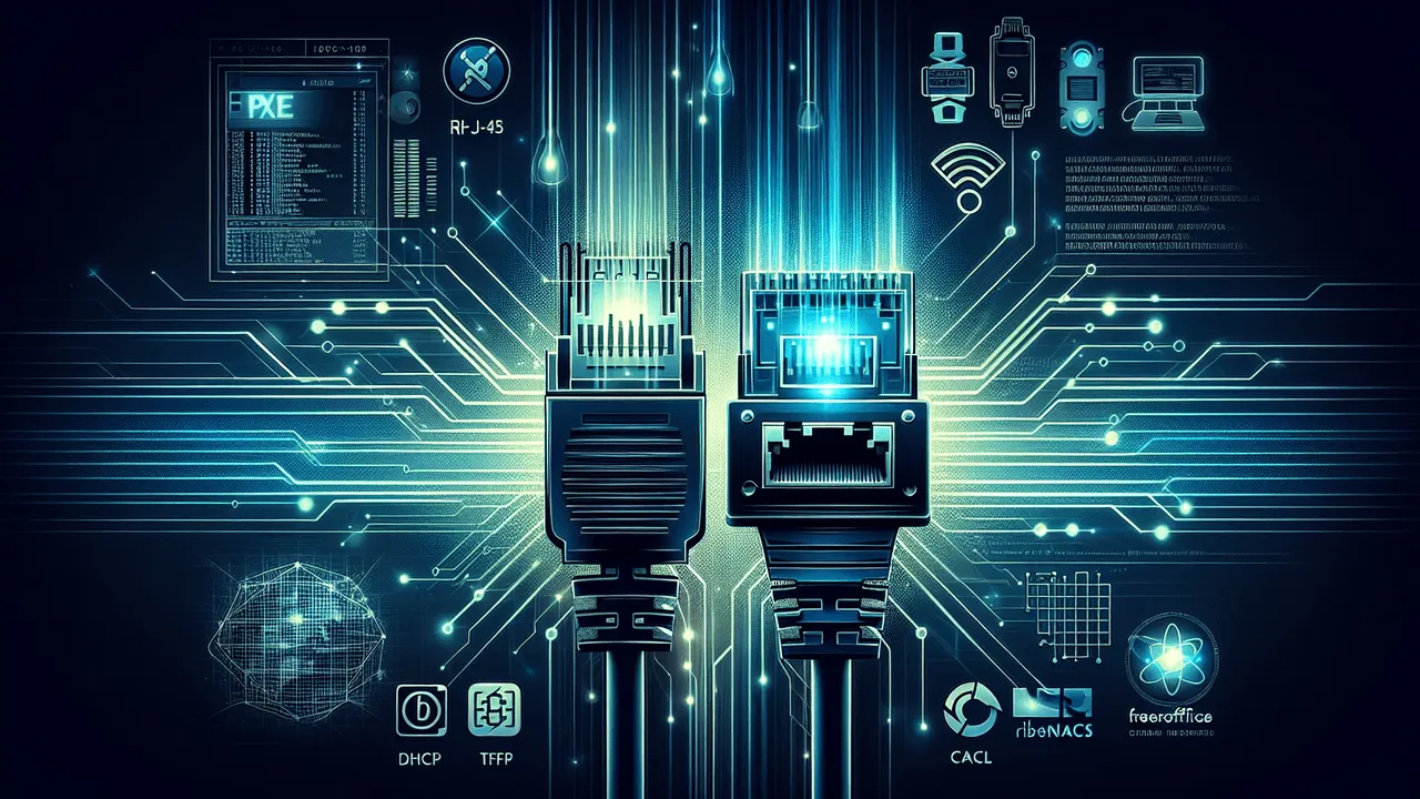 Design a tech-themed image with a central figure of a large, glowing RJ-45 plug emitting digital streams in a cyan glow against a dark gradient background transitioning from navy to black. Situate the PXE logo near the network cable, subtly blended with digital streams. Place the pfsense logo next to a firewall icon, connected to the PXE logo through a digital pathway. Introduce the FreeNAS/TrueNAS logo as part of a server silhouette, linked to the network stream to indicate OS image storage. Incorporate the LibreOffice Calc logo on a stylized grid overlay, indicating data entry and management. Sprinkle icons of DHCP, TFTP, and UEFI to reinforce the technical aspects of PXE. Use shades of blue, cyan, silver, and white to produce a tech-focused, clean look. Embellish the image with futuristic motifs like holographic grids, matrix codes, and network nodes.