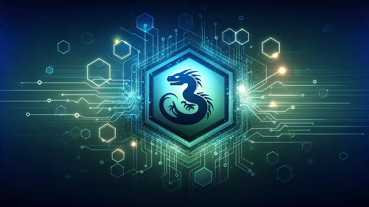 Create an image that begins with a gradient background transitioning from deep blue to lighter teal shades, subtly adorned with light and intricate circuit board patterns to underscore its tech theme. To the center-right, position a large abstract reptile logo with a glowing effect, accompanied by a smaller but related sign, both set in blue and green colors. Introduce hexagonal structures and lines throughout the composition to mirror the nuances of network diagrams or blockchain graphics. Subtly merge in a representation of simplified futuristic salt grains, particularly around the glowing logos, indicative of a configuration management theme. Add subtle lens flares and ambient glows for an air of sophistication and futurism. Ensure to maintain a high-resolution for the picture suitable for various screen sizes.