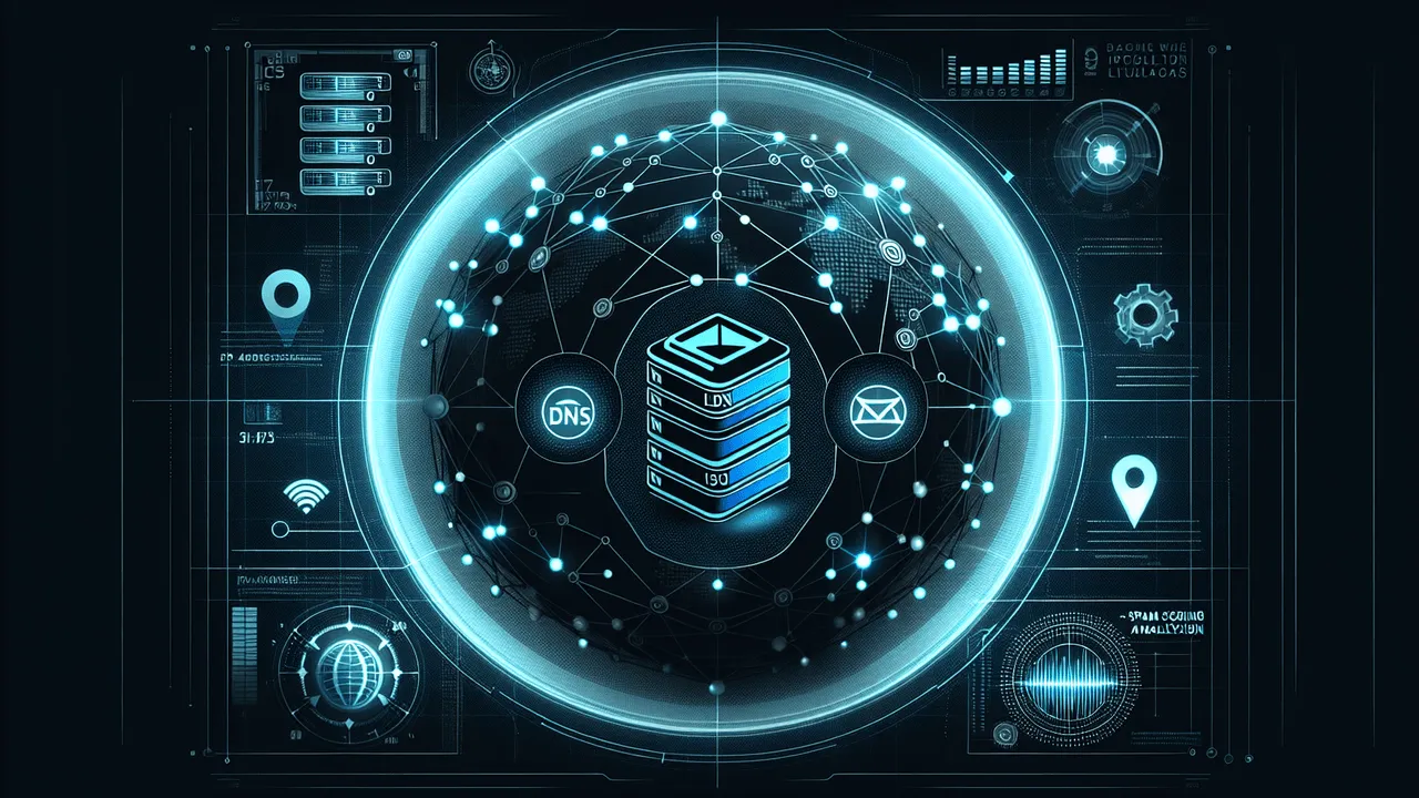 Create an aesthetically pleasing digital image with a strong tech and futuristic feel. In the top section, feature an interconnected web structure with nodes, subtly integrating server stack icons. Within this structure, discreetly incorporate the DNS logo. The design's middle section should include a digital globe with pinpoint markers located across various regions, complete with a translucent overlay showcasing longitude and latitude lines, thus emphasizing the notion of IP address geolocation. In the bottom section, portray an envelope icon on a tilted plane, surrounded by a tech dot grid or circular wave scanning overlay, a representation of SPAM scoring analysis. Use a color palette of deep blues, dark grays, and blacks for the background. Bright neon blues, greens, and whites should serve as accents, illuminating core elements to create a vivid contrast. For the logos of DNS, IP geolocation services, and email security tools, retain their original colors; however, make sure these logos harmoniously blend with the overall color scheme and the design's abstract focus.