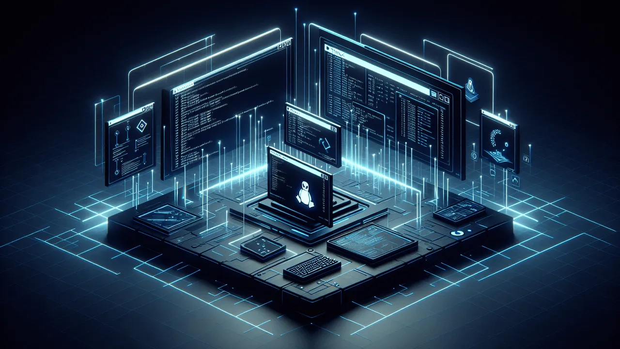 Create an image of a futuristic technology-themed control room. It has a sleek, dark background with subtle gradients of deep blue and black, signifying a command-line interface environment. There is a semi-transparent grid pattern overlay, referencing the structured nature of sessions, windows, and panes. Stylized 3D terminal screens float at various angles, underscored by thin, glowing azure lines that denote seamless connectivity. The Tmux logo has a soft glow effect and centrally located among the screens. A subtle Linux penguin logo appears on one of the terminals. Small minimalist icons, such as command-line inputs, are scattered throughout the image. Neon accents and a holographic texture effect give a high-tech and modern vibe. If possible, add a subtle loop animation of a blinking cursor on a terminal screen for added engagement.