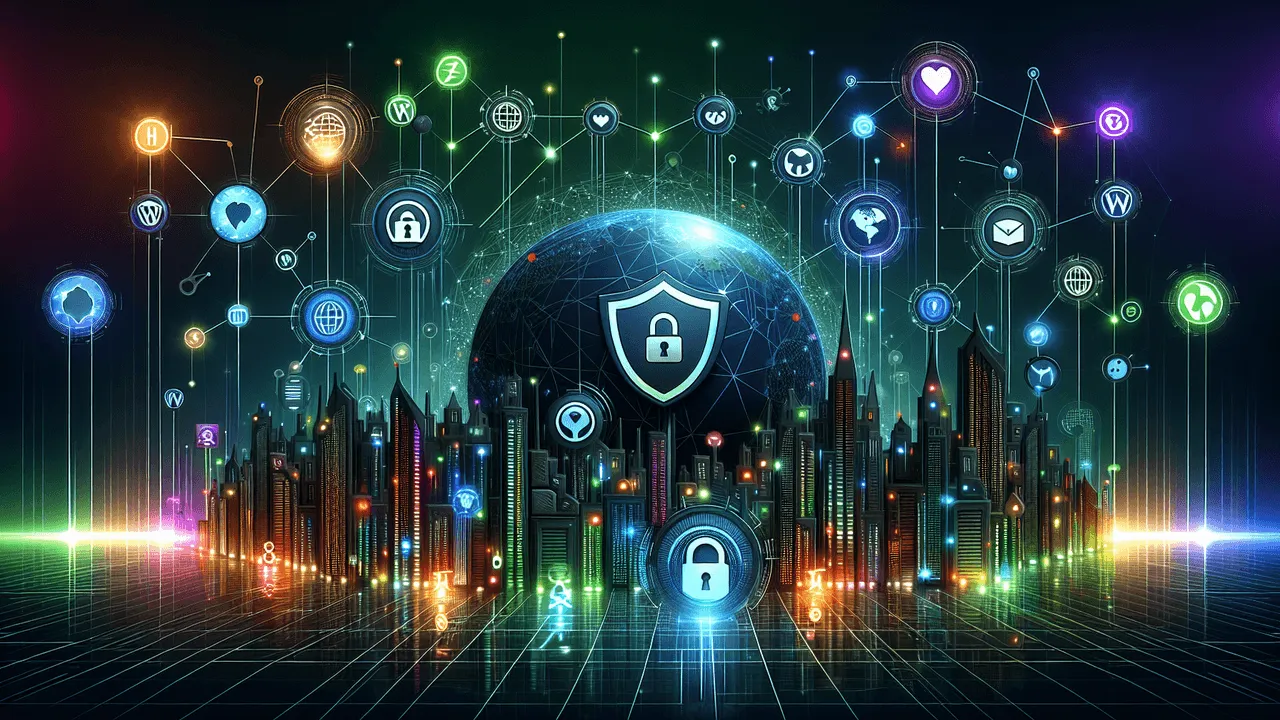 Design an image for a blog header. The backdrop depicts a sleek, dark, futuristic cityscape with subtle neon highlights, and the addition of holographic elements or digital lines for a state-of-the-art appeal. In the foreground, find visual representations of web security technologies including SSL/TLS padlocks, OWASP, and Let's Encrypt, as well as icons for popular theme frameworks and CMS platforms such as WordPress, Joomla, and Wix. A stylized globe or planet, with various color-glowing interconnected nodes representing global web hosting, forms the main focus. A central shield symbol draws attention, signifying safety, with theme icons either orbiting or 'plugged in' to it to suggest ease of theme integration. Light trails or circuits link the different themes and security icons to the central shield, while a subtle binary code or matrix-style effect in the background enhances the tech aspect. The color scheme is dominated by hues of blue, green, and violet for a futuristic feel, contrasted with neon highlights in colors like orange and yellow.