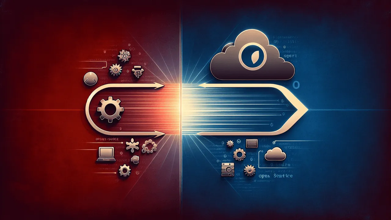 Design an image capturing a transition from one operating system to another. The background should start with a deep red gradient on the left, transitioning to dark blue on the right. On the left, place a logo representing an antiquated operating system, slightly faded to symbolize its status. An arrow or curved pathway should link this logo to a brighter, more vibrant logo on the right, representing a modern operating system. Subtle gear icons and code snippets should dimish in size as they move along this pathway. The center of the image should have an open-source symbol, subtly positioned against the background gradient. On the right side of the image, integrate cloud or server symbols close to the modern operating system logo.