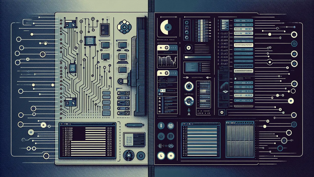 Create an image laid out as detailed: The background should be a tech-themed gradient of dark blues and greyscale which includes faint illustrations of circuits or server racks. On the left side, position a non-specific tech company logo near the top, with images reminiscent of hardware architecture subtly blended into the background. Overlay it with icons that symbolize server updates, file inspection, analytics and monitoring tools, and cloud services. On the right side, display a graphic of a terminal window featuring command-line text like 'ls -a', and include icons for configuration settings. Include also a faded image of an old computer terminal and a directory tree structure in the background. Separate these sides with a faint vertical line or gradient. Use a color palette that harmonizes strong corporate tones (reds, blacks) with retro terminal aesthetics (greens, whites on dark backgrounds). Remember, no textual content should be included.