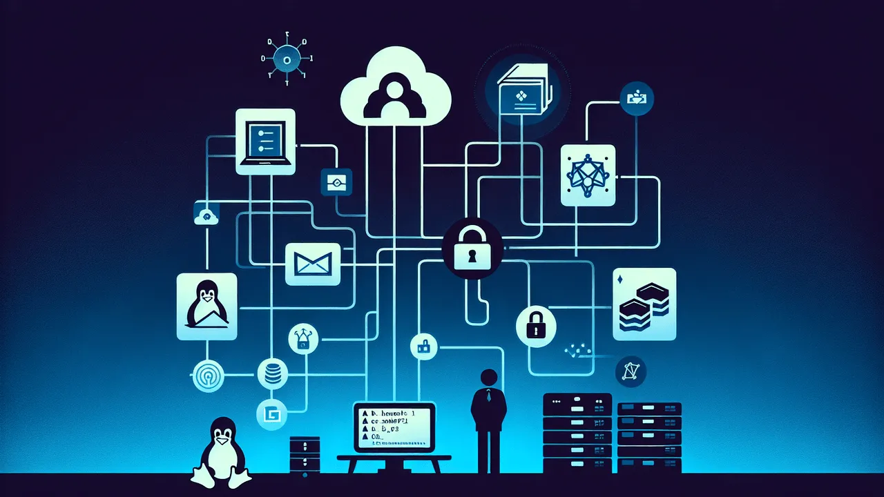 Create an image that visually represents the concept of Filesystem in Userspace (FUSE) with a gradient background transitioning from dark to light, starting from a rich shade of blue or black at the top, transitioning to a lighter shade towards the bottom. The main visual should be a graphic representation of a filesystem extending from a user's desktop or laptop, with connected icons symbolizing different types of storage services such as a locked folder for encrypted filesystems like `encfs`, a cloud for cloud storage, and a server icon for `sshfs`. Include the Linux Tux penguin near the bottom of the screen or next to a silhouette of a user represented as a hobbyist or business professional interacting with the filesystem. Also, include minimalist icons that represent FUSE features like `sshfs` and `encfs`, and a terminal icon with a simple command prompt interface to represent user's ease of use.