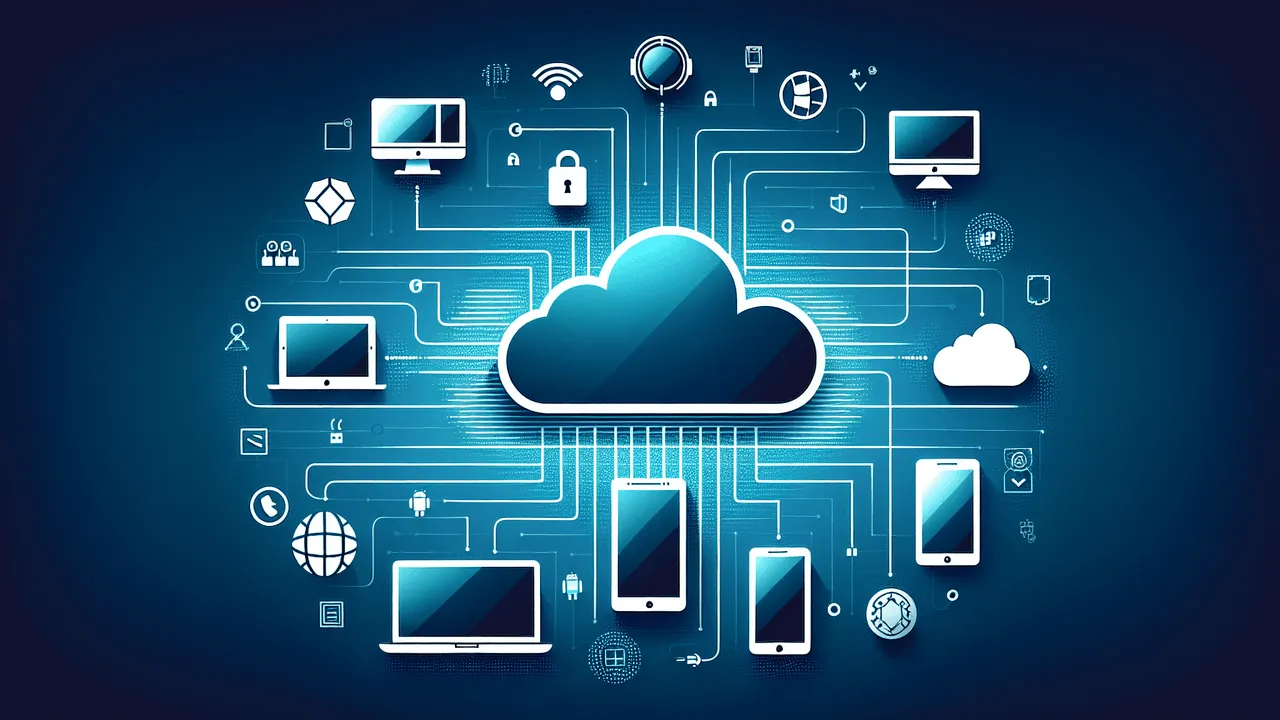 Create a visually striking image based on modern cloud computing. The background will feature a smooth gradient transitioning from a deep blue at the top to a lighter blue at the bottom. At the center, depict a sleek and minimalist design of a cloud, representing versatility. Around the central cloud, incorporate modern and visually consistent icons of four devices: a desktop computer, a laptop, a tablet, a smartphone - all subtly connected to the central cloud with thin, white lines. Incorporate smaller platform symbols representing Android, iOS, Windows, macOS, and Linux near the device icons. Add faint technological patterns or representations of binary code in the background. Use shades of blue, white, and light gray to keep the image cohesive and modern. All icons must be in a flat design and arranged symmetrically for balance, drawing the viewer's eyes towards the central cloud.