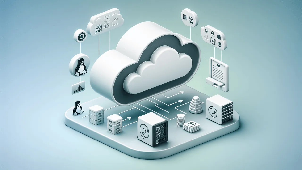 Design a clean, modern, visually appealing image with simplicity. It should have a smooth gradient background transitioning from light blue to soft green. At its center, include a large, simplistic 3D cloud icon. Beside the cloud on the left, display a simplified computer server icon, and on the right, place a simplistic hard drive icon. Incorporate sets of arrows indicating the data flow: one from the server to the cloud and another from the cloud to the hard drive. Add small, sleek monochrome logos of Tux Penguin for Linux and Puffy Pufferfish for OpenBSD at the bottom but semi-transparent to minimize their impact. Furthermore, integrate subtle icons of files, folders, and databases floating to depict the concept of data in cloud storage.