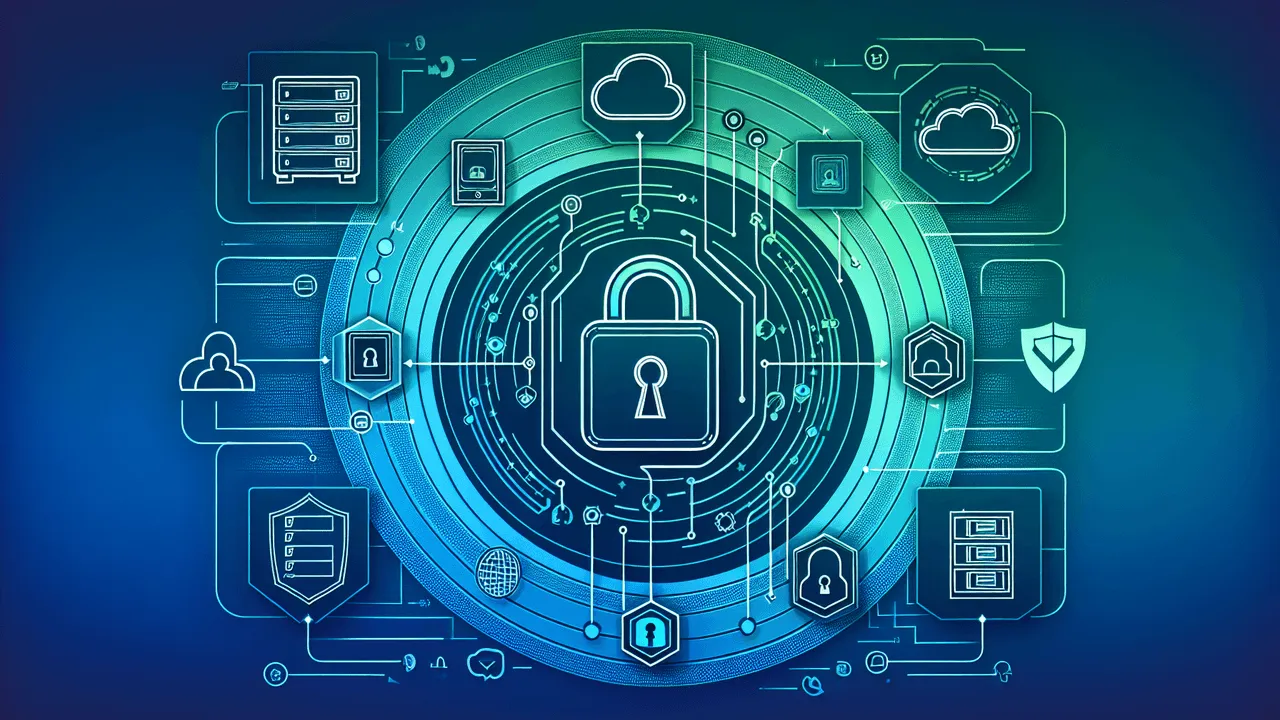 Create a professional and tech-savvy image using gradients of blue and green for the background. The central element should be an abstract representation of a padlock to symbolize encryption. Around the padlock, place icons representing various storage devices like hard drives and the cloud, symbolizing local and remote storage. Include a subtle representation of 'user space' with simplified user avatars. Incorporate logos related to encryption and file systems: place one near the base of the encrypted padlock and another near a storage device icon. Finally, draw light, flowing lines connecting the padlock to the storage devices and technology logos, representing the flow of encrypted data. Add security icons like shields and checkmarks to emphasize data protection.