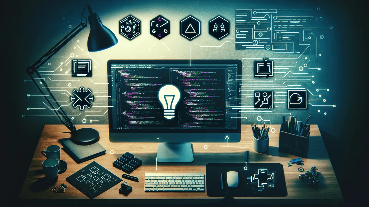 Generate a detailed image of a developer's workstation, with a high-resolution monitor displaying code in a code editor, alongside a keyboard and an organized desk setup. A slightly blurred background focuses the view on the central elements. In the central spot, a large logo implicitly signifying a code editor program should attract attention, surrounded by four smaller logos illustrating key aspects of coding: a lightbulb (indicating features that ease software development), an HTML/CSS snippet (denoting intuitive markup language editing feature), a puzzle piece (representing helpful extensions), and a palette (depicting customizable themes). Scatter subtle, abstract tech-themed graphics like circuit board patterns, code snippets, or geometric shapes across the background to increase their visual appeal. The color scheme should cover a dark mode aesthetic with soft blue, green, and purple shades matching the hues commonly associated with modern coding environments.