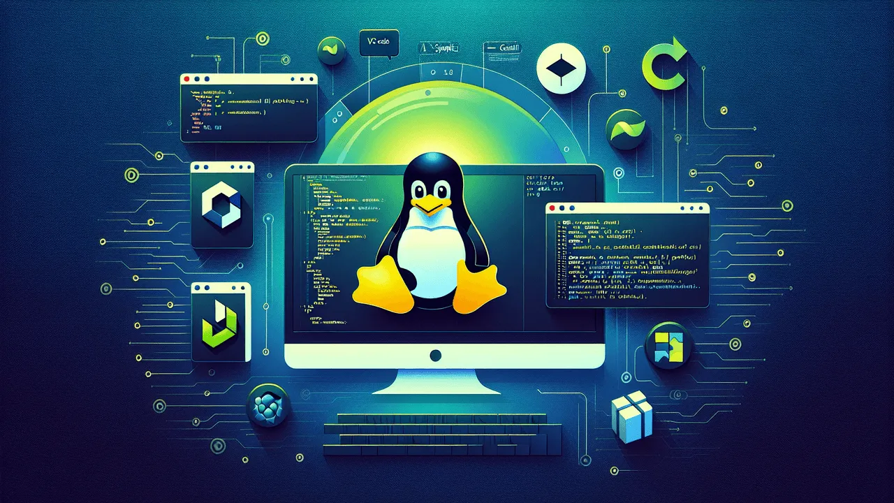 Create an abstract digital art piece showcasing the Tux penguin, recognized as the mascot of the Linux kernel. The penguin is accompanied by appealing and glowing representations of well-known Linux distributions like Ubuntu, Fedora, and Debian. The backdrop is designed with a stylized binary code matrix, imbuing the scene with the essence of modern technology.