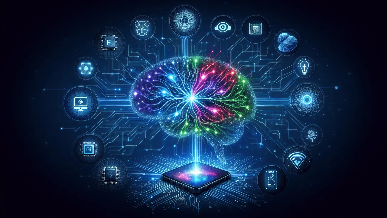 At the center of the image, visualise an abstract digital brain with glowing neural network lines radiating outward in vibrant colors like blues and neon greens, symbolising ChatGPT and artificial intelligence. Orbiting this brain, arrange smaller icons evenly, depicting a modern smartphone with a glowing screen, a circuit-studded microchip, a minimalistic palette with artistic swirls conveying DALL-E image generation, a cloud-like diffusion graphic signifying Stable Diffusion, and a globe with interconnected lines representing the Internet. Set all of this against a dark blue background, subtly speckled with white and light gray digital patterns or circuit designs. Distribute small logos of related technologies such as OpenAI and Intel, blending seamlessly into the digital mesh. Strive for an engaging, sleek and modern look synonymous with technological advancement, effectively encompassing the subject of the blog post presentation.