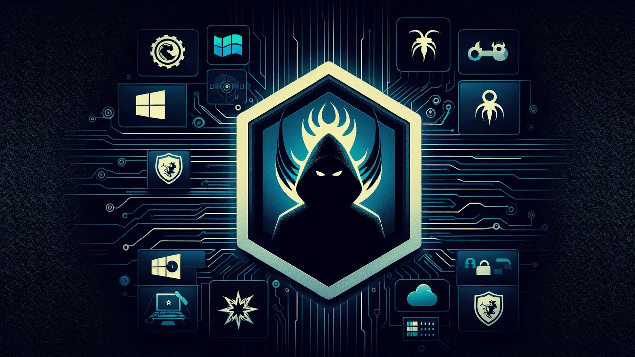 Design an image to be used for a blog post with a cybersecurity theme. The main visual component is a dark, abstract tech-themed background meant to evoke a sense of mystery and security. Incorporate the PowerShell logo prominently at the top or center, and represent the Empire with an abstract icon, such as a stealthy figure or a hacker silhouette. On one side, subtly integrate an icon representing a GUI or dashboard, signifying Starkiller. At the top left corner, include the Kali Linux dragon logo, subtly blended into the design. Along the bottom, integrate abstract representations of operating system logos, such as Windows, macOS, and Linux, to highlight cross-platform compatibility. The image should also feature circuit-like designs or lines, shadows and gradient effects for added depth and a high-tech feel.