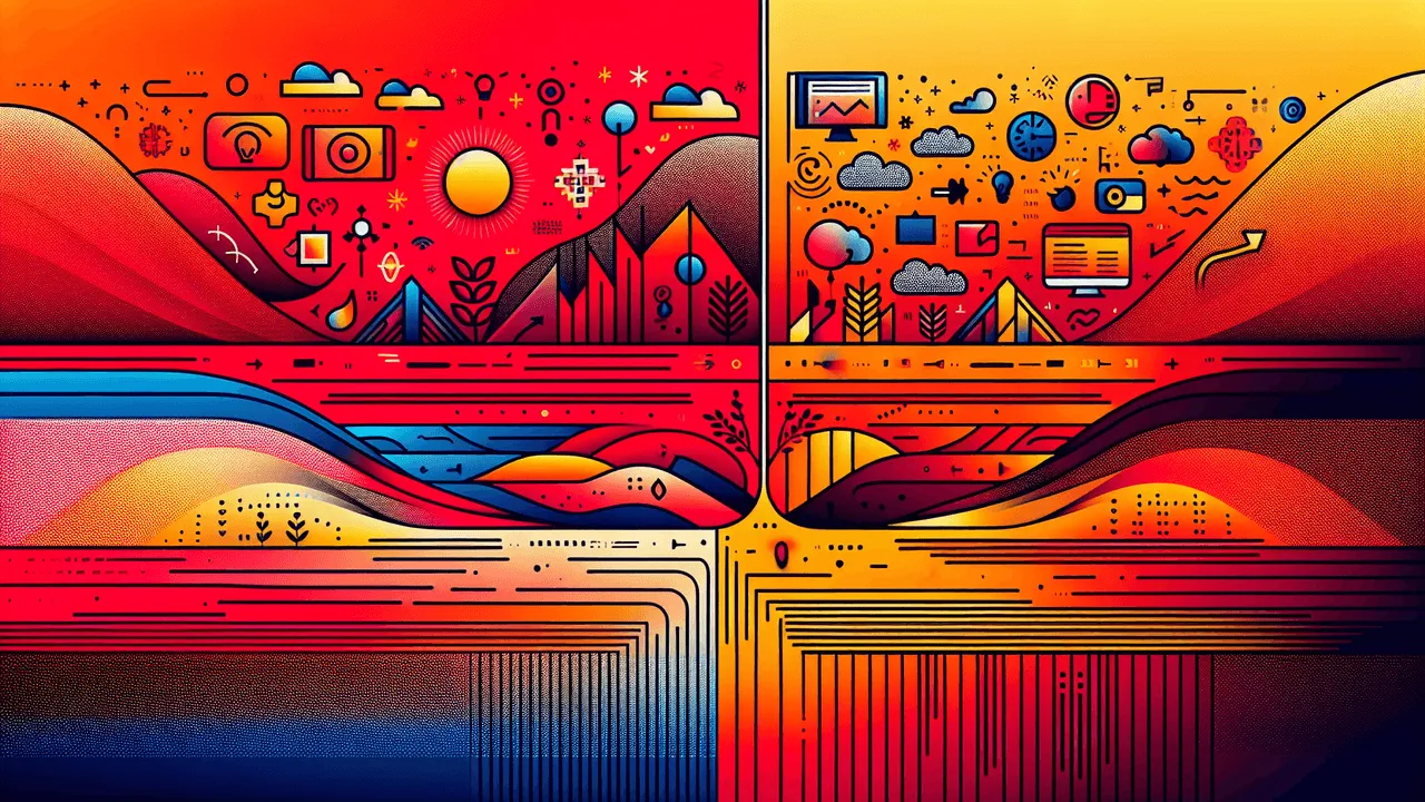 Create an image with a gradient background that transitions from a vibrant shade of red, symbolizing contrast, to a bright yellow, symbolizing creativity and ideas. In the center, depict a contrasting scene split into two; one side with sharp, high-contrast colors and bold lines, the other with soft, blended hues. Add repetitive motifs or patterns across the image, possibly arranged in grids or orderly sequences for alignment. Ensure some elements overlap, breaking the conventional rules. Showcase proximity by clustering elements in one section, with others spaced apart. Along the border or corners, incorporate small, subtly blended logos of design technologies such as a vector design icon, collaborative design process icon, open-source design tool icon, and image editing icon. Add abstract design aids like dashed lines, arrows, waves, and curves, leading the viewer's eye through the image. In the background, lightly sprinkle creativity symbols like stars or light bulbs.