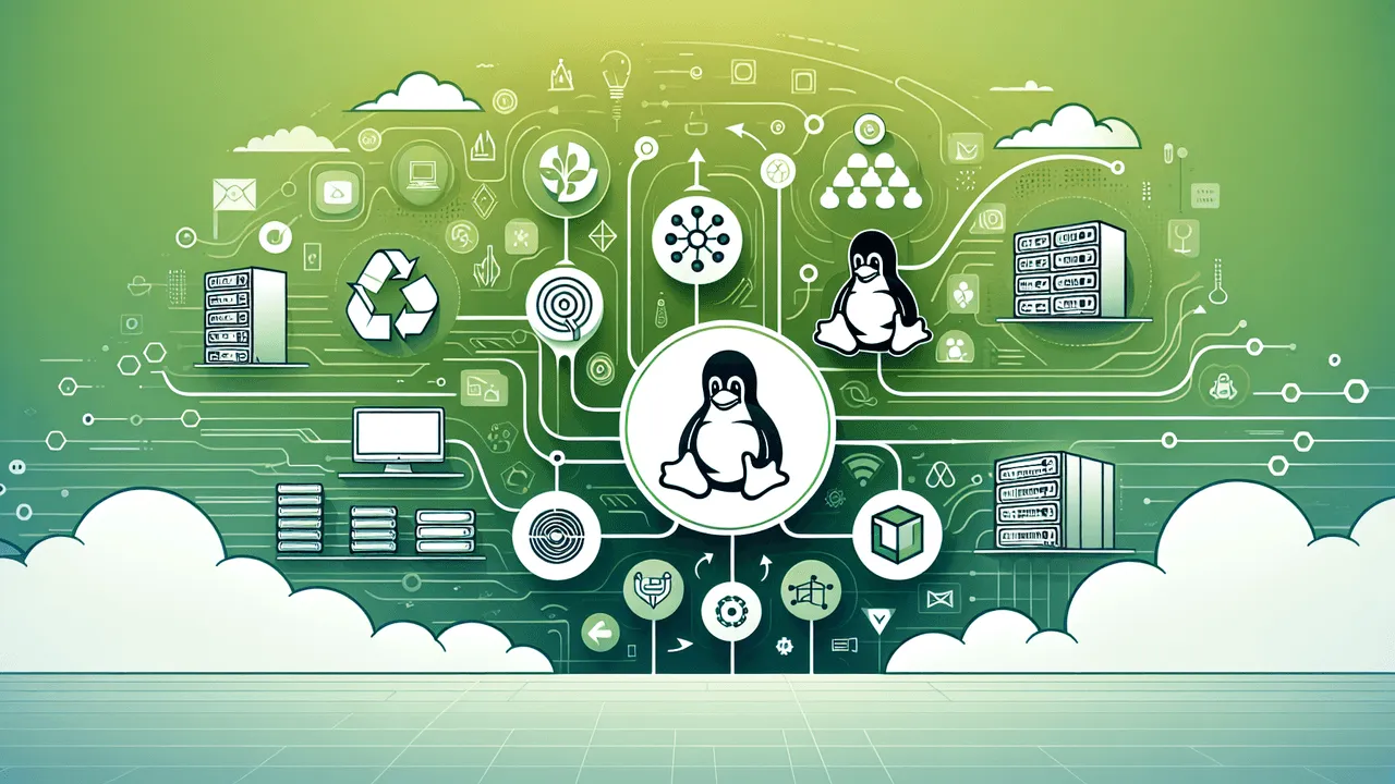 Design a professional and modern blog announcement image. The background is a mix of green and white, using gradients to simulate depth, growth, and freshness. The OpenSuSE logo is located centrally, sized slightly larger than the other elements for emphasis, while the Linux penguin logo is subtly included in the background. Icons from other well-known FOSS projects, like Docker, Kubernetes, and Jenkins, are scattered around the OpenSuSE logo. A Yast icon representing a toolkit or a system control center is added along with arrow icons that form a cycle, symbolizing seamless upgrades and stability. Subtle tech iconography, depicting servers and data centers is integrated into the background, along with icons suggesting pathways or connectivity. The bottom portion of the image includes a clean, transparent overlay strip placeholder for event details.