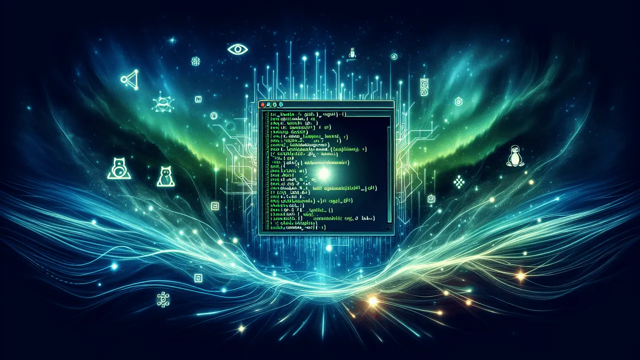 Generate an artistic representation of the power and versatility of Linux commands. The background is a gradient transitioning from deep space black at the edges to vibrant luminescent blue at the center, symbolizing the vast open-source universe with a focal point of discovery. In the foreground, a semi-transparent terminal window with bright green text displaying example Linux commands floats at the center. Surrounding this terminal window, display recognizable symbols associated with Linux, Bash, SSH, and Git. Soft, glowing lines and snippets of code snippets drift around the terminal, representing dynamic idea sharing. The background also features subtle aurora-like wave patterns and light circuit board patterns to signify enlightenment and a tech-savvy atmosphere.