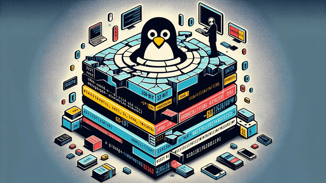 Create a detailed image that captures the concept of the presentation on 'Stack Overflows in Linux: Tools, Methods, & Vulnerabilities'. The central visual should include a layered stack representing a computer stack, labeled '32-bit' in light colors at the bottom and '64-bit' in dark colors at the top, with cracks and fissures running through both stacks symbolizing vulnerabilities. Surround the central visual with icons of popular security tools like GDB and Objdump, symbols representing compiler switches and stack canaries, a shadowy figure manipulating code snippets around return-oriented programming, and floating hexadecimal code. The Linux penguin mascot should be prominent but stylized to avoid copyright infringement. For color scheme, use dark blues and grays for a serious tone with bright yellow and red accents highlighting areas of vulnerability and tools. The background may include subtle elements like code snippets and binary numbers for a sense of depth and complexity. This image aims to engage viewers and provide an immediate understanding of the topic.