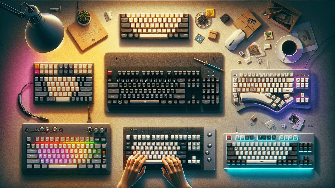 Generate an image showcasing the evolution of keyboards. On the left side, depict a dimly lit, standard QWERTY keyboard symbolizing the starting point. In the center, display a brightly lit, custom ergonomic keyboard, split or curved, denoting a creative DIY solution. On the right, present a well-lit, modern pre-built ergonomic keyboard, illustrating accessibility and professional use. Set these on a minimalist desk with a comfortable chair in the background, creating a welcoming workspace ambiance. Subtly, include overhead view of a Caucasian female’s hands typing on the DIY keyboard to add a human element. Small unobtrusive logos related to ergonomic keyboard brands and QMK firmware are placed along the desk edges. Faint icons of FOSS projects like Linux and BSD are scattered in the background, signifying SLUUG themes. Use a neutral color palette with vibrant colors on the keyboards to highlight progression. Maintain a balance in composition and ensure the image is a high-resolution without text.