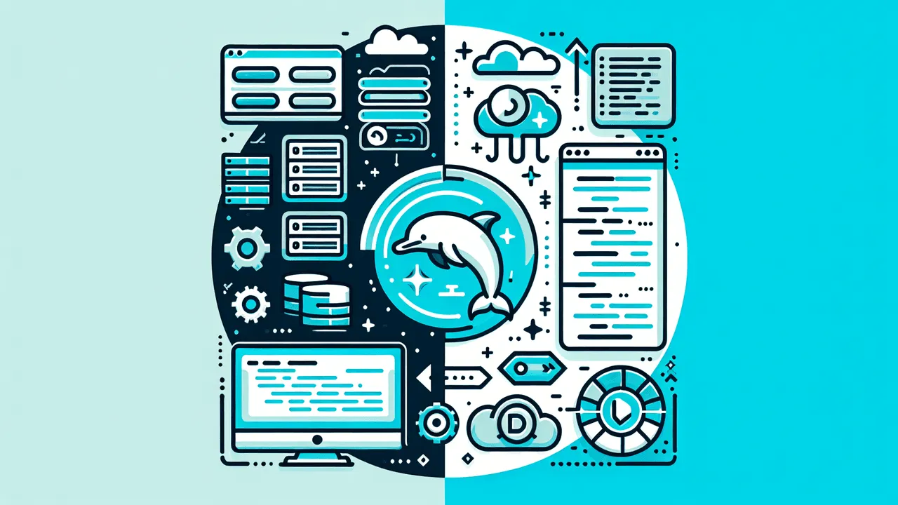 Create a visually appealing layout for a blog post image. Use a modern gradient background transitioning from a soft blue on the left to a deeper blue on the right. On the left side, place an image of a dolphin that signifies a popular database system, surrounded by subtle database icons for depth. Incorporate the concept of backup and restore with an icon featuring a server stack and an arrow indicating a restore process. On the right side, display a logo denoting a text editor in green, along with a split-screen graphic filled with code snippets, mimicking the side-by-side editing feature. In the center, leave a merging area that subtly signifies the connection between the two technologies, without any text. Preserve plenty of white space for a clean, professional look. All logos and icons should be high-quality, clean vector graphics to maintain sharpness and detail.