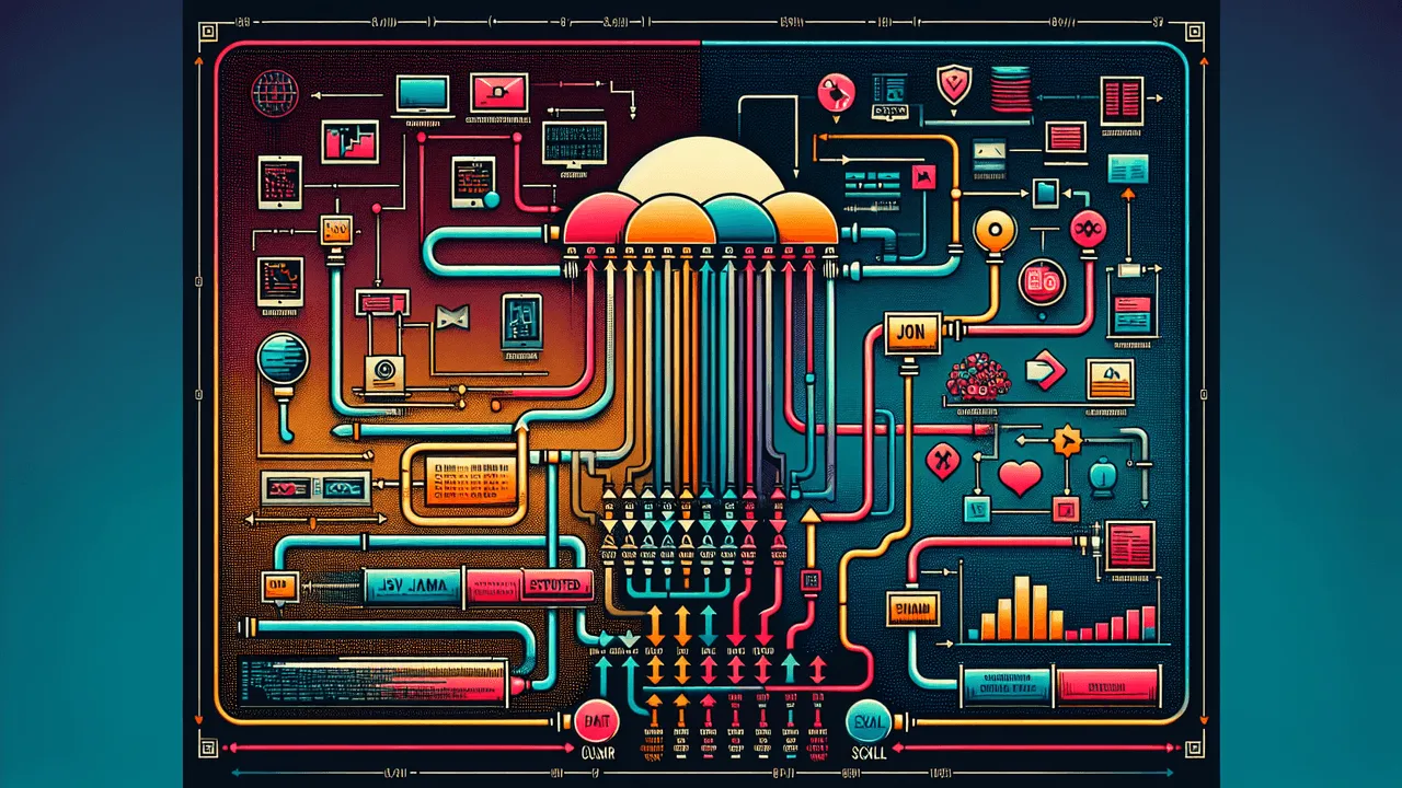 Design a digital image that depicts the concept of structured data pipelines and its evolution from traditional Unix pipes to nushell's structured data pipelines. The background should display a gradient transition from a dark, terminal-style backdrop on the left to a more modern, lighter design on the right. On the left side, signify the traditional Unix shell with an old-school terminal icon and visualize plain text lines flowing from it. In the center, show traditional pipes flowing from left to right, transforming plain text lines into structured, colorful data blocks. On the right side, display the nushell logo, and illustrate various data formats (CSV, JSON, YAML, SQLite, Excel) as colorful blocks flowing through nushell pipes. Overlay some common nushell commands/icons on top of the structured data as a hint of data operations. The visual flow should be centered in the top third of the image, with the flowing pipe structure occupying the middle third, and icons representing different data types in the bottom third. The overall style should be modern and tech-focused, with clean lines, sleek design, and vibrant colors.