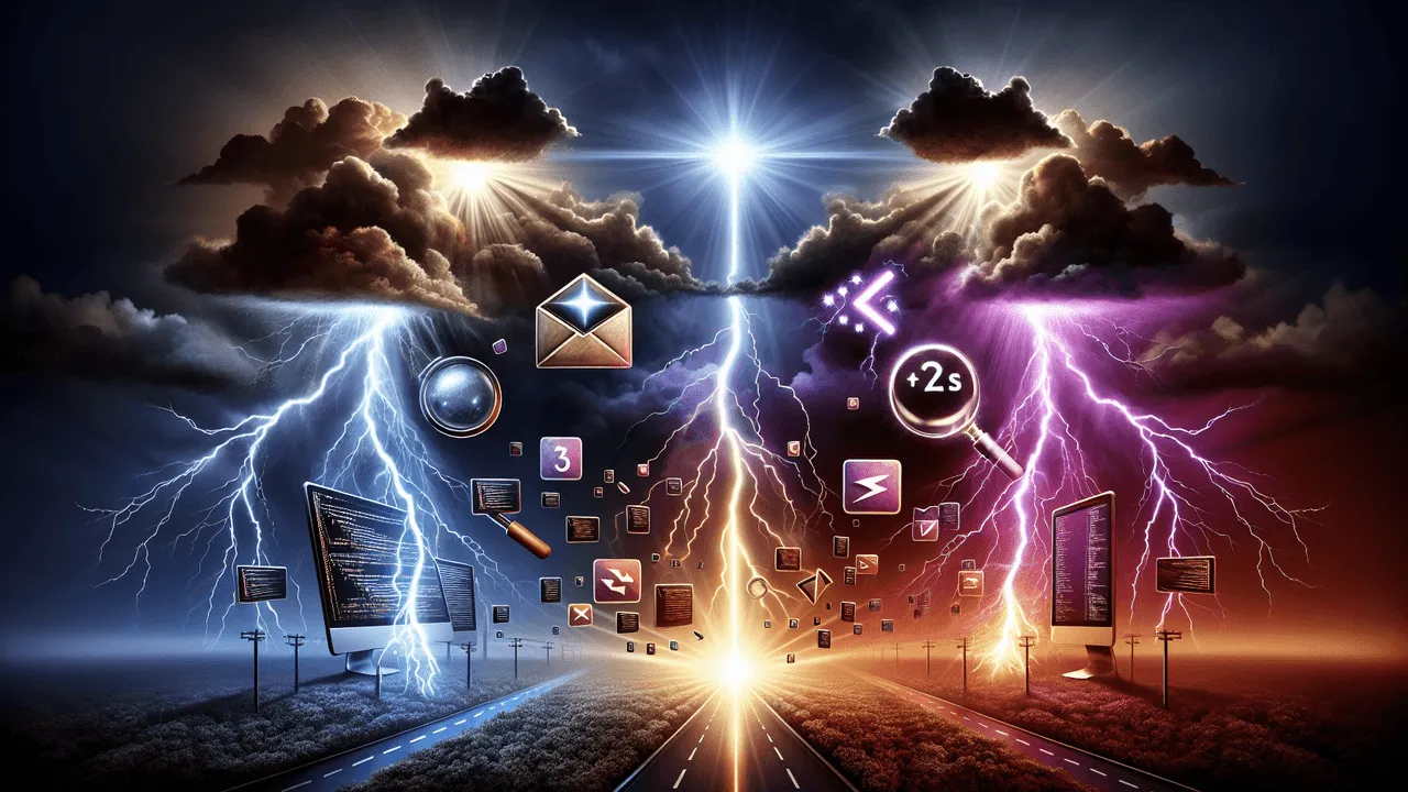 Create an image that reflects a dynamic and stimulating presentation called 'Lightning Talks'. In the centre, under the dire atmosphere of a dark, stormy sky bathed with diverging beams of light from bolts of lightning, lay three pictorial representations of the discussion topics. On the left edge, an envelope icon is being examined by a magnifying glass, signifying email troubleshooting. On the right, two logos are displayed side by side with miniscule 'VS' symbol in between them, plainspokenly representing a comparison of Fossil and Git, two distributed version control systems. Lastly, towards the lower edge, computer screens and code snippets are disseminated across the field, symbolising an array of other tech topics that can be introduced. The bolts of lightning illuminate specific areas around these symbols, guiding focus and highlighting the drama and excitement these discussions encapsulate. The colors used should be in line with and augment the SLUUG branding.