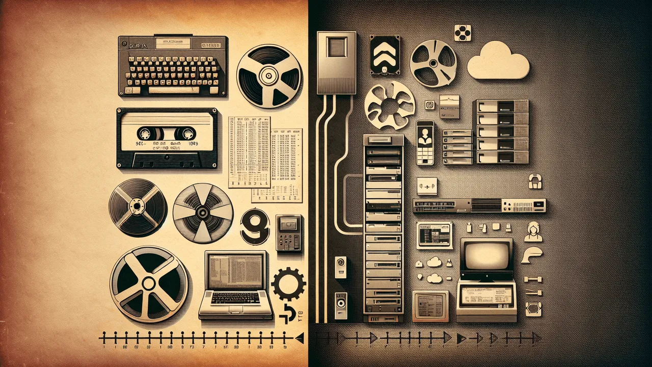 Create an image divided into two halves. The left side showcases a retro, sepia-toned background with elements of vintage computer hardware: punch cards, reel-to-reel tapes, a large 5-megabyte hard drive and iconic machines from the 1960s, 70s, and 80s. The right side embodies a modern, sleek, high-tech feel and features a high-resolution image of a server rack, the Debian logo, multi-user server icon, and subtle icons for cloud computing and uptime monitoring. In the middle, visualize the transition between the two eras with a gradient or dissolve effect, and include a symbolic element that denotes the digital transformation, such as a timeline arrow.