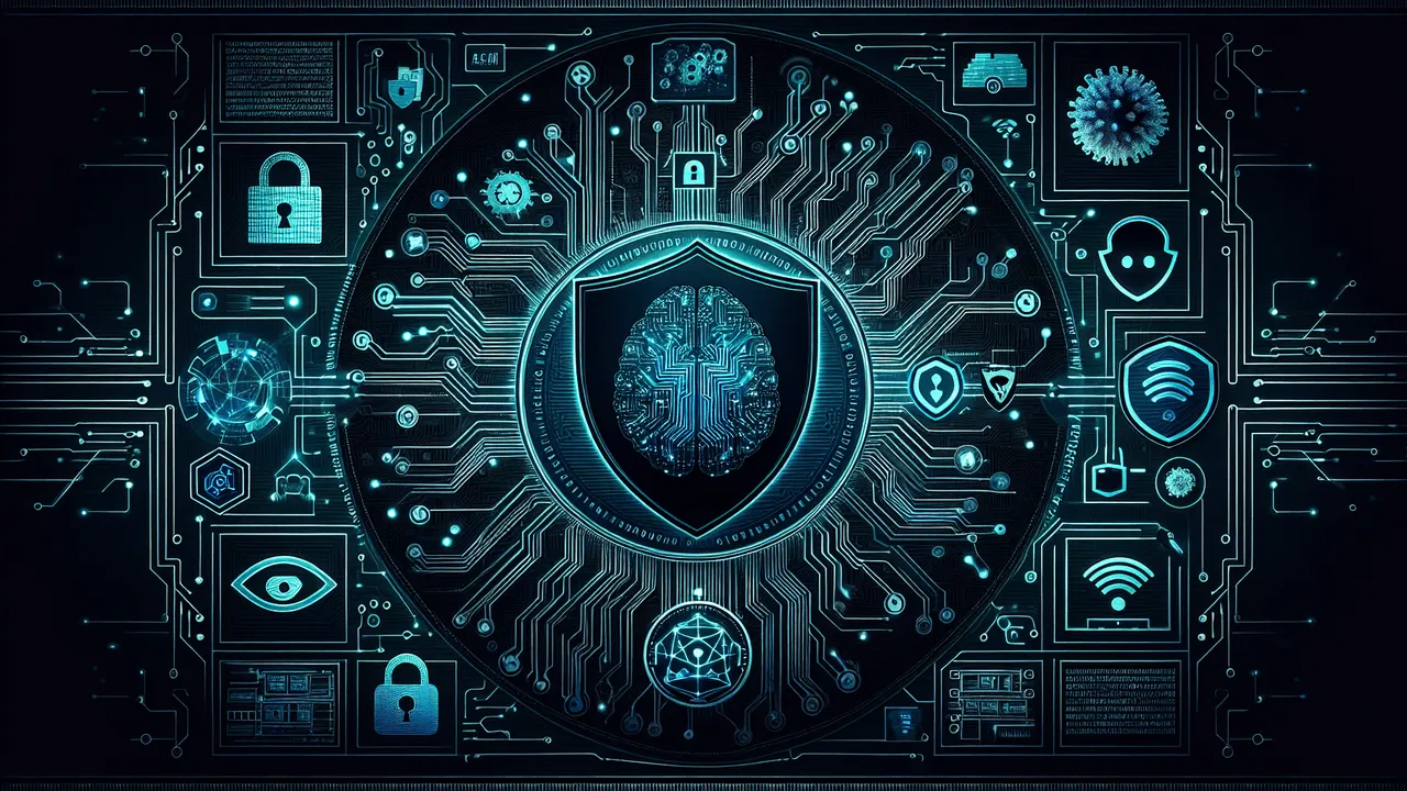 Create an image with a visually striking, dark-themed background suggestive of cybersecurity; incorporate a circuit board pattern to represent technology. Position a large semi-transparent shield symbol in the center that represents protection. On the left side, depict artificial intelligence and cybersecurity with a neural network pattern, a lock icon, a generic security software logo, and an image of a friendly robot opposing a cyber attacker silhouette. On the right side, represent network sniffing with the illustrations of different generic network sniffing tools, a magnifying glass over a network diagram, data packets, a network topology, and a Wi-Fi symbol with an eye icon included. Throughout the image, subtly include binary code or matrix-like elements and use neon blue or green highlights to make things pop out. The entire image embodies a futuristic, security-centric theme.