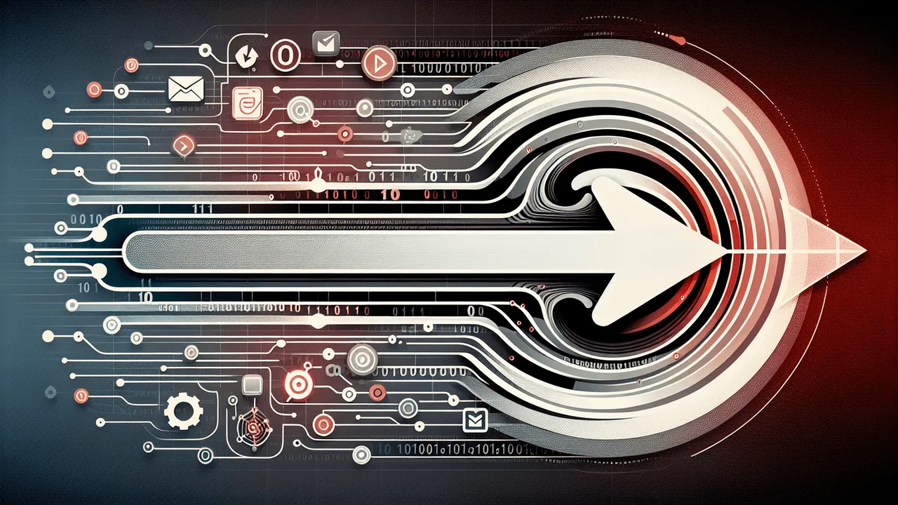 Create a transition-themed tech image. The background transitions from a gradient of dark gray on the left to light gray on the right, overlaid with a faint abstract design of binary code and circuit lines. An arrow, symbolizing the upgrade path, stretches across the width of the image in a central focus. On the left side, there is a clear and prominent logo that looks like a spiral with the number '10' subtly incorporated within. On the right side, a similar logo is placed, but with the number '11' instead. Small icons representing an email service (mailman), a webserver (globe/server), and software dependencies (packages) are integrated along the path of the arrow. The color scheme includes shades of red, white, gray, black, and soft gradients of blue.