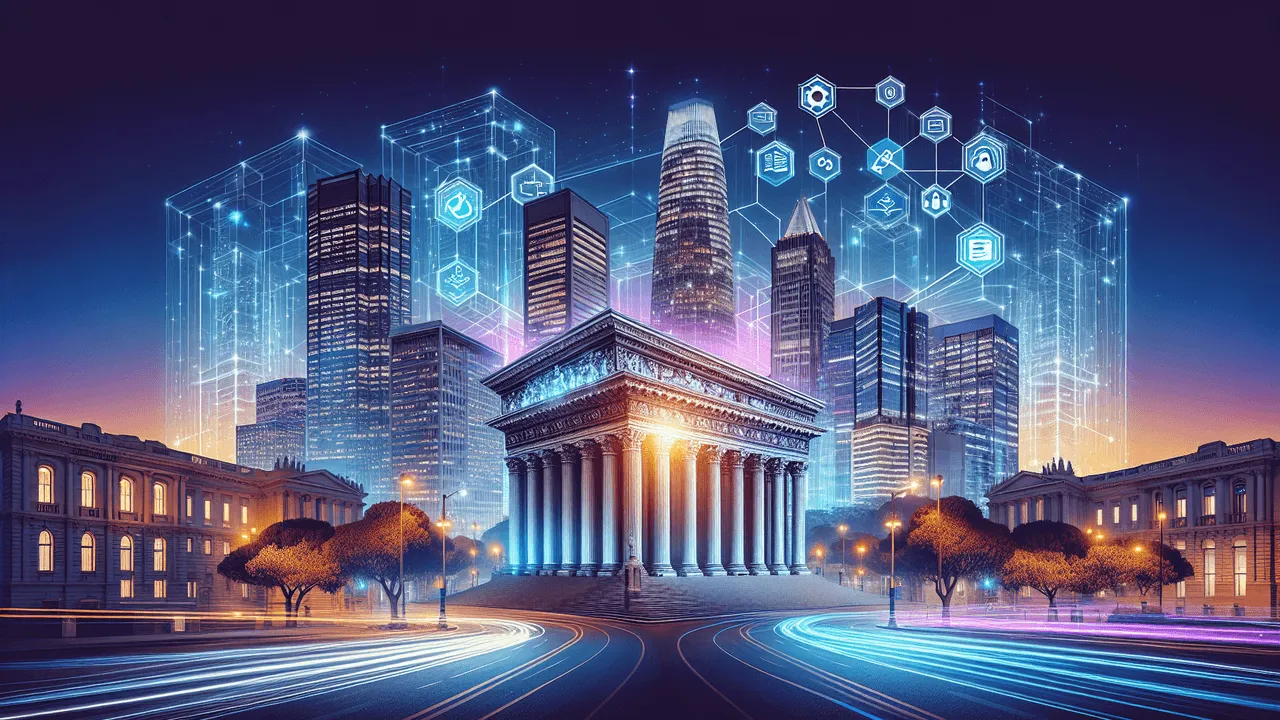 Create an image where a city skyline featuring a blend of classical architecture elements and modern skyscrapers is illuminated with bright, futuristic lighting. The background is filled with sleek, ultra-modern buildings against a deep blue to purple sky gradient. In the foreground, one side showcases an ancient architectural structure like a roman column or a gothic archway subtly blending with the skyline. On the opposite side, there is a visual representation of software architecture diagrams in the form of interconnected nodes and lines, merging seamlessly with the physical buildings. Logos for relevant technologies such as Linux, BSD, Unix-like OS, Docker, and Kubernetes subtly integrated on the structures, connected by digital lines. The image is further embellished with visual effects like light trails, glowing edges, digital patterns, reflective and transparent elements, all within a cohesive color palette of blues, purples, and silvers. This design symbolizes the fusion of traditional building architecture and modern software architecture, merging the world of physical structure with digital innovation.