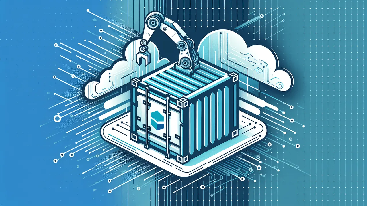 Create a visually dynamic image that illustrates the concept of building and containerization in the field of technology. The color palette is primarily blue and white, with secondary colors of light grey and teal. The image includes a background transitioning from a lighter blue at the top to a darker blue at the bottom. The central graphic is a large, stylized container, but not directly a Docker container, which has a robotic arm or gears that appear to build or assemble it. Inside this container is the Buildah logo, designed to look clean and modern. The OCI logo (Open Container Initiative) is subtly incorporated at the bottom right of the image. The design should also include soft, abstract lines or circuit-like patterns in the background and dotted lines sweeping across the image to create a sense of dynamic movement. The visual elements should be a combination of vector art and 3D-like renderings to catch attention immediately.