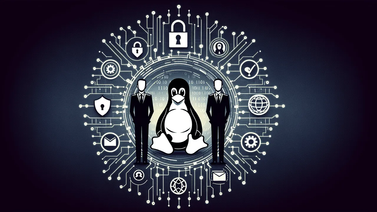 Create a tech-themed image that beautifully blends professionalism and modernism. In the core focus, generate two distinct, non-specific tech professionals standing beside each other with a subtle binary code pattern in the background to reflect their technological brilliance. On top, centrally place a friendly penguin to symbolize Linux. Surround it with symbols like a lock or shield signifying security, a small conference logo, a logo representing a popular version control system, and a small microphone icon near the central figures for speeches. To intertwine these elements, create thin, glowing circuit lines spreading from the central figures and logos, forming a network pattern to reflect the interconnected world of technology. Utilize hues of dark blue, white, with delicate accents of yellow or light orange to convey intellect, trust, and innovation. This image represents the anticipation and richness of an upcoming presentation on Linux, open-source security, and other related themes.