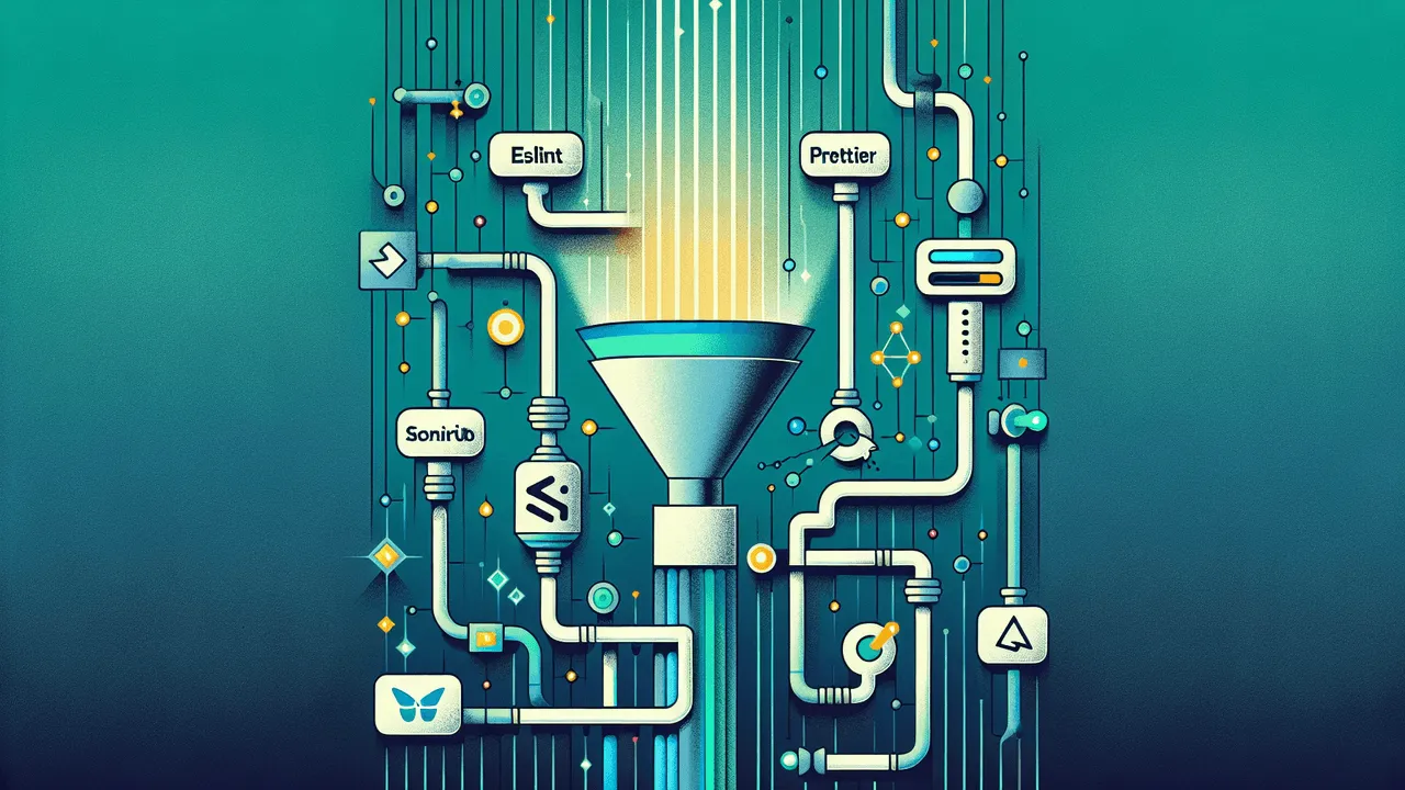 Create a visually appealing image for a blog post titled 'Automated Code Review'. Background should be a subtle gradient from a soft teal to a dark navy blue to represent the levels of complexity in automated code review processes. Overlay an abstract digital grid or circuit board pattern, symbolizing the mechanisms of code review. Incorporate logos of ESLint, Prettier, SonarQube, and Travis CI or Jenkins, using appropriate metaphoric embellishments to signify their roles. Add an abstract code snippet flowing through a funnel or pipeline to denote transformation from raw to refined code. Use grid-like highlights or light beams for emphasis and maintain a color scheme of teal, navy blue, light grey and white with vibrant accents of yellow or green to represent success.