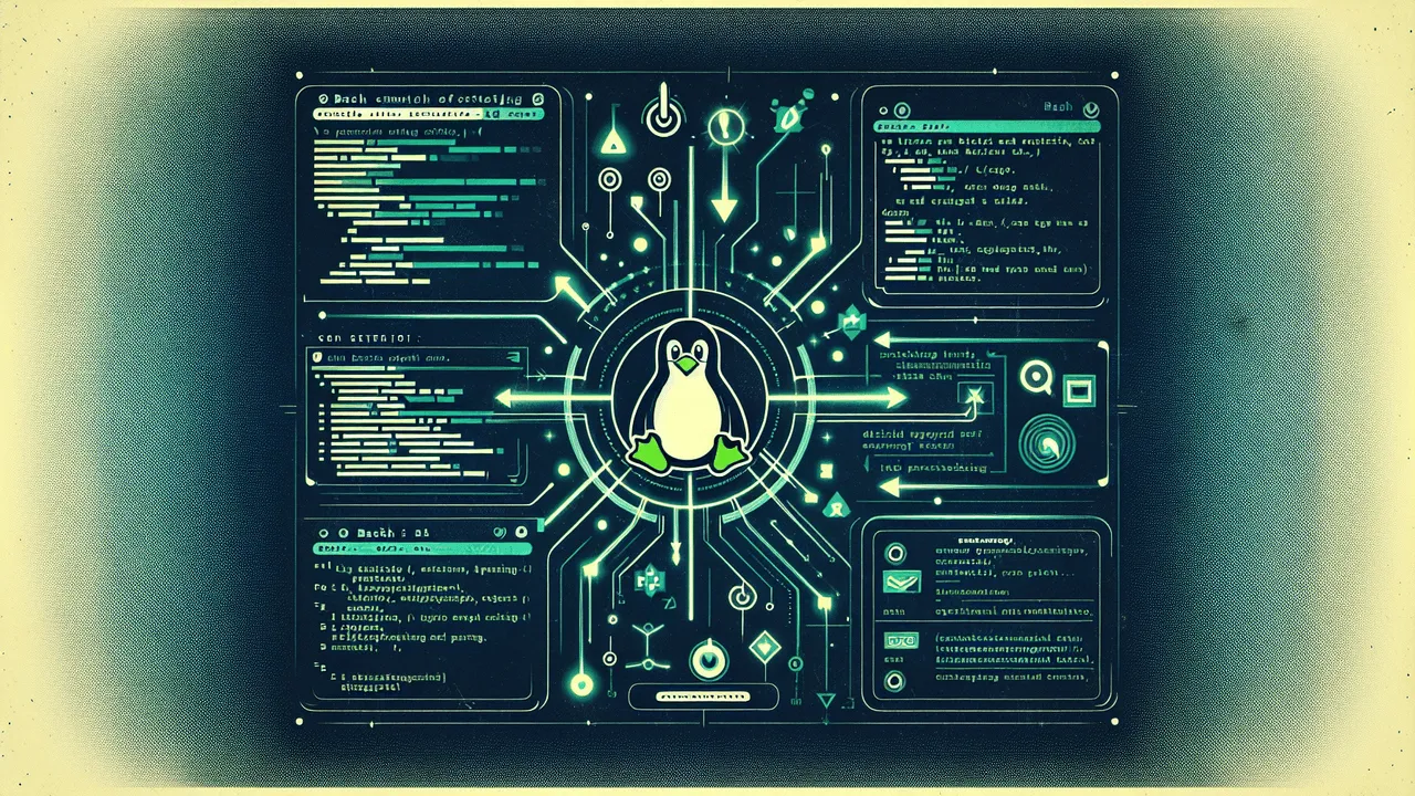 Design an image for a blog post about Bash scripting: Start with a dark gradient background, transitioning from dark blue at the bottom to black at the top. At the center, incorporate an image of a symbolic penguin, indicative of the Linux and Unix ecosystems. To the left, feature the Bash logo. Around the image, integrate symbols representing command-line elements such as arrows, brackets, and underscores. Overlay text lines resembling a script with highlighted sections to denote parsing. Introduce sleek lines, converging towards the Bash logo from various directions to depict data flow and parsing logic. Accentuate these lines with small, glowing, blurred dots representing dynamic data processing. The color accents should be shades of green, resembling the aesthetic of old-school Unix systems. The goal is to embody the processes of script automation and argument parsing in a visually engaging manner.